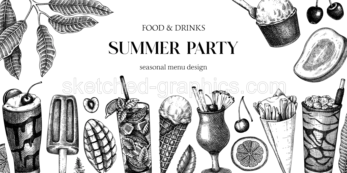 Summer party background. Non-alcoholic beverage, mocktail, ice cream, fruit, cocktail sketches. Hand drawn vector illustration. Summer food festival frame. Bar menu. Tropical design Illustration